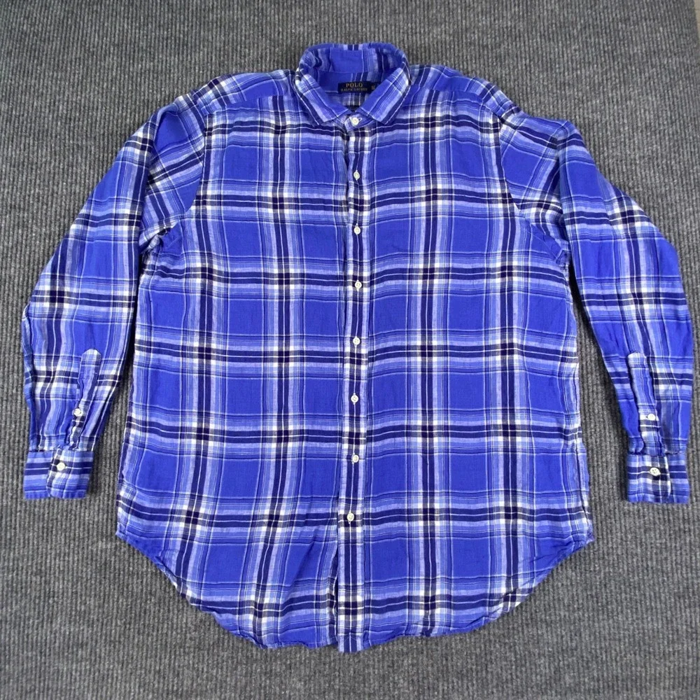 Polo Ralph Lauren Button Down Shirt Mens XLT Blue Plaid Linen Classic Preppy
